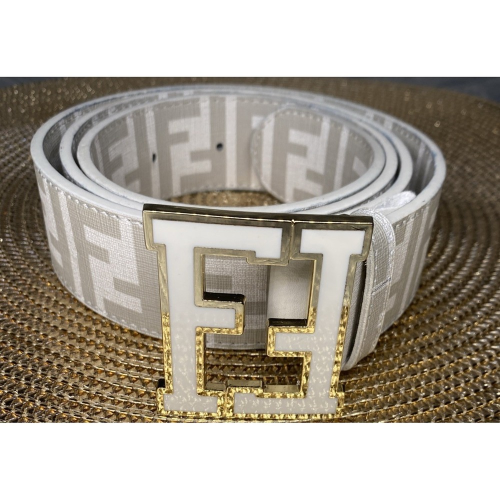FF Monogram Fashion Belt White Gray Gold Tone F Buckle Size 36/45